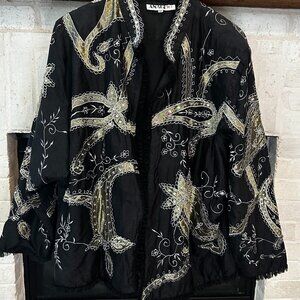 Vintage Anage Too Black & Gold Embroidered Polyester & Silk Jacket - Size 3X